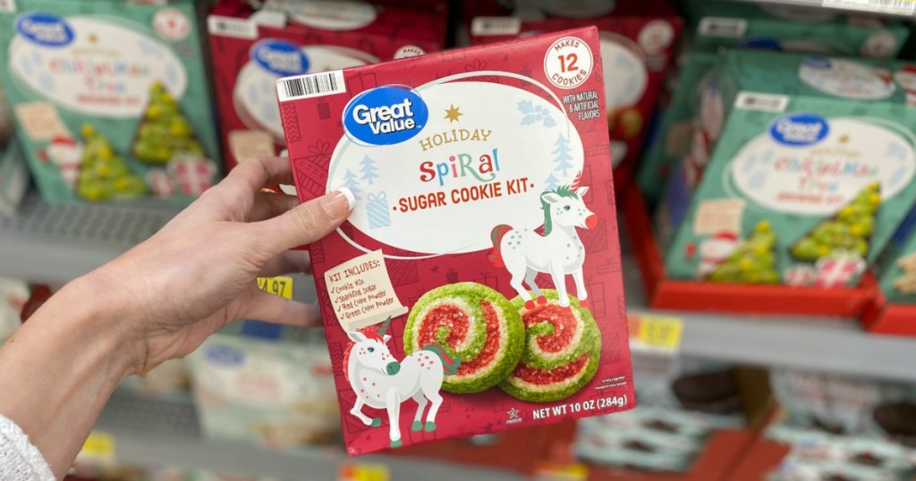 hand holding Great Value Holiday Spiral Sugar Cookie Kit