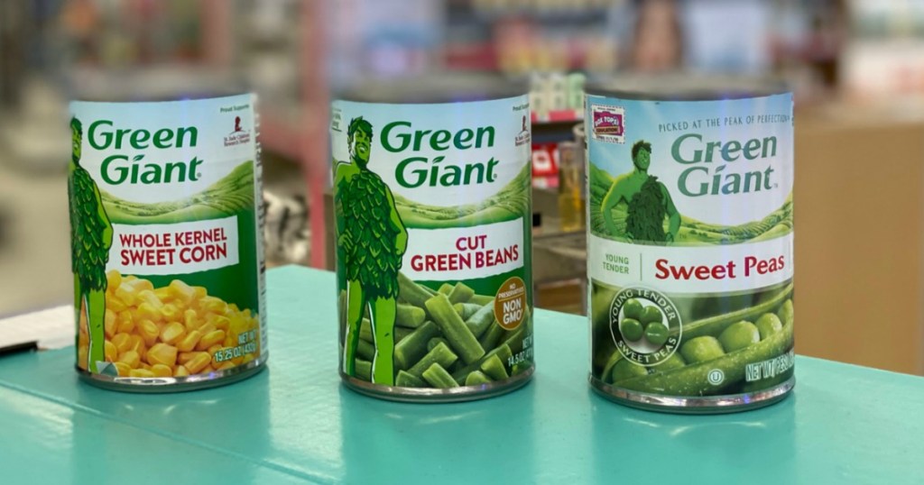 Three cans of Green Giants Vegetables