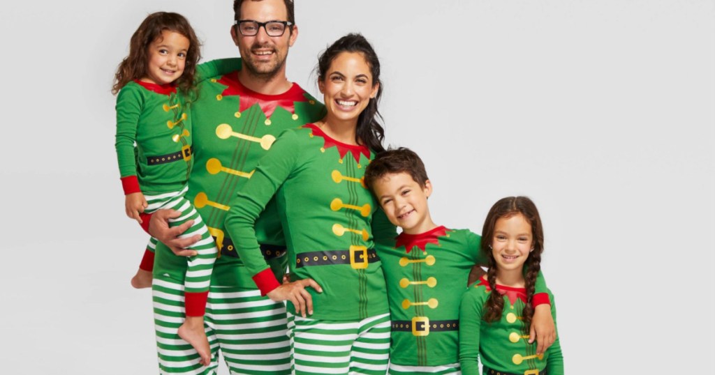 family wearing holiday elf family pajamas collection
