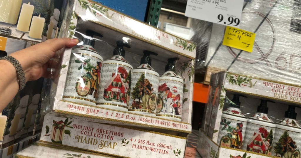 hand holding up 4 pack of hliday greeting collection hand soaps 