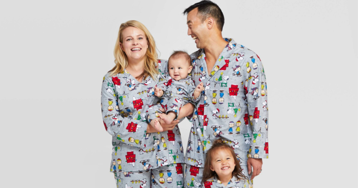 family wearing holiday peanuts flannel family pajamas collection from target