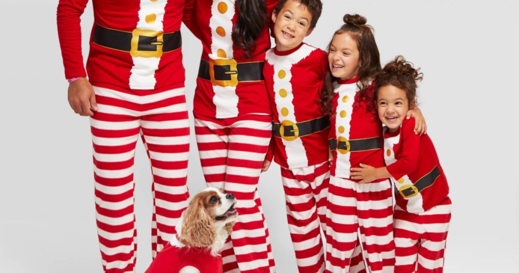 family wearing holiday santa family pajamas collection from target