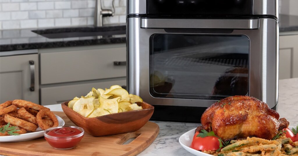 instant vortex air fryer oven and fried food on table
