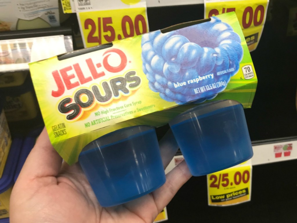 JELL-O 4-pack in blue raspberry sours in hand in-store