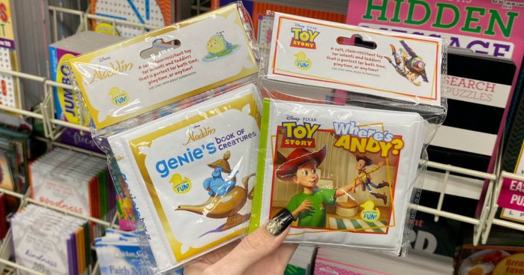 Kids Disney Bath Books in hand in Dollar Tree store