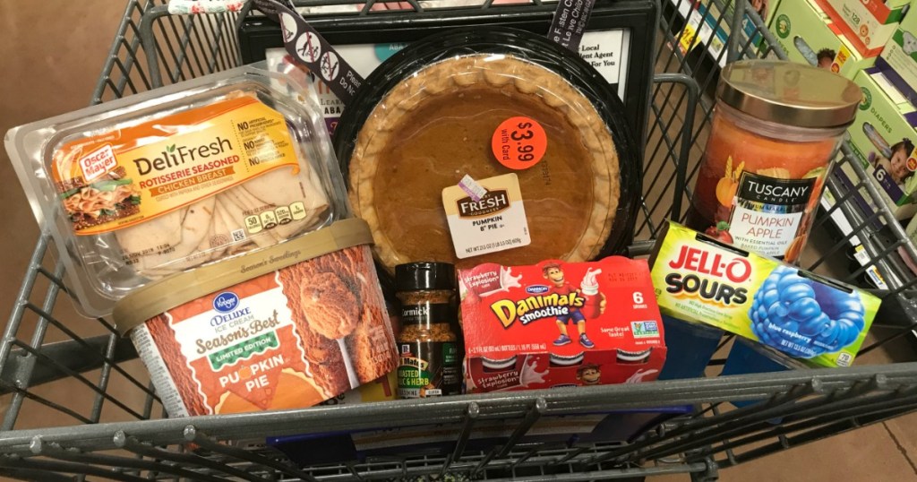 Various groceries in shopping cart at Kroger