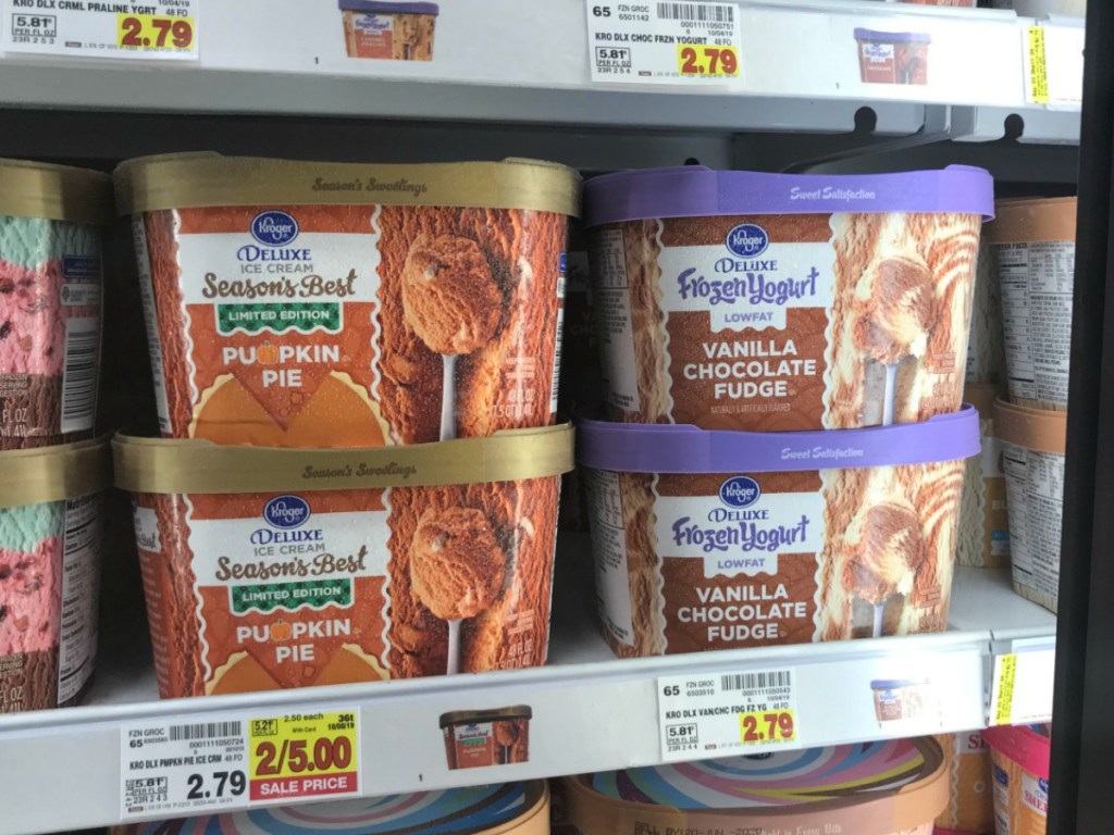 Kroger Deluxe Ice Cream Packages in freezer display at store