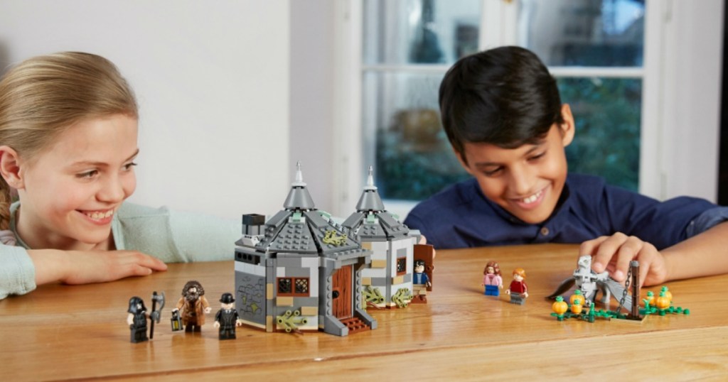 kids playing with LEGO Harry Potter Hagrids Hut