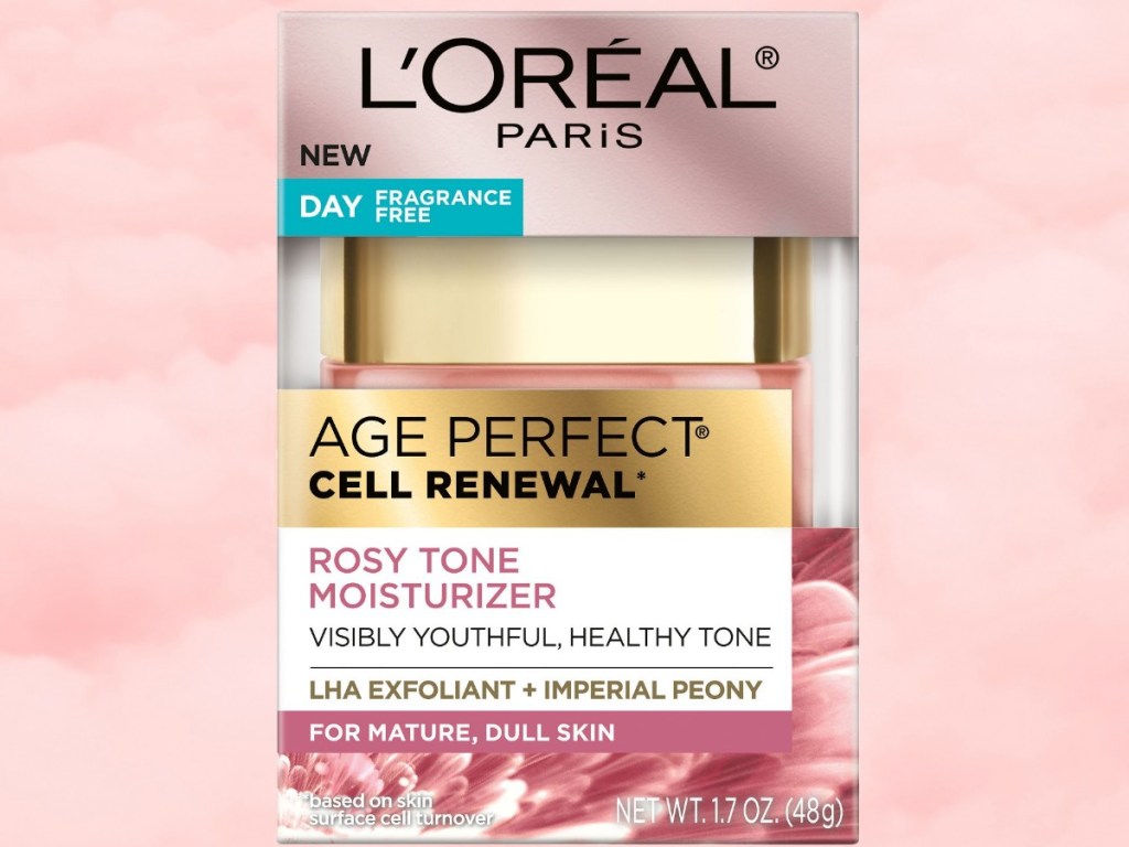 L'Oréal Paris Rosy Tone Face Moisturizer in package on pink fluff cloud background