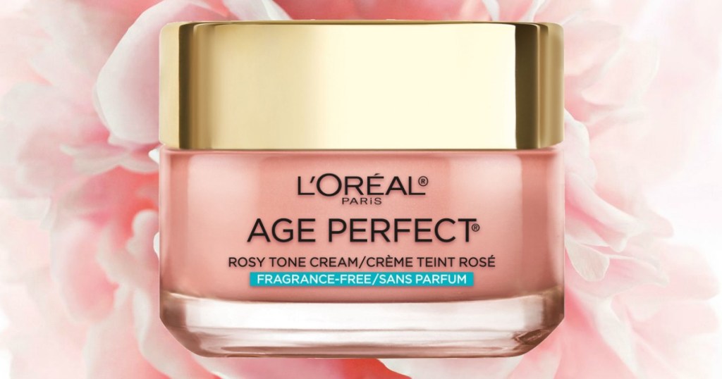 L'Oréal Paris Rosy Tone Face Moisturizer jar on light pink flower petals background