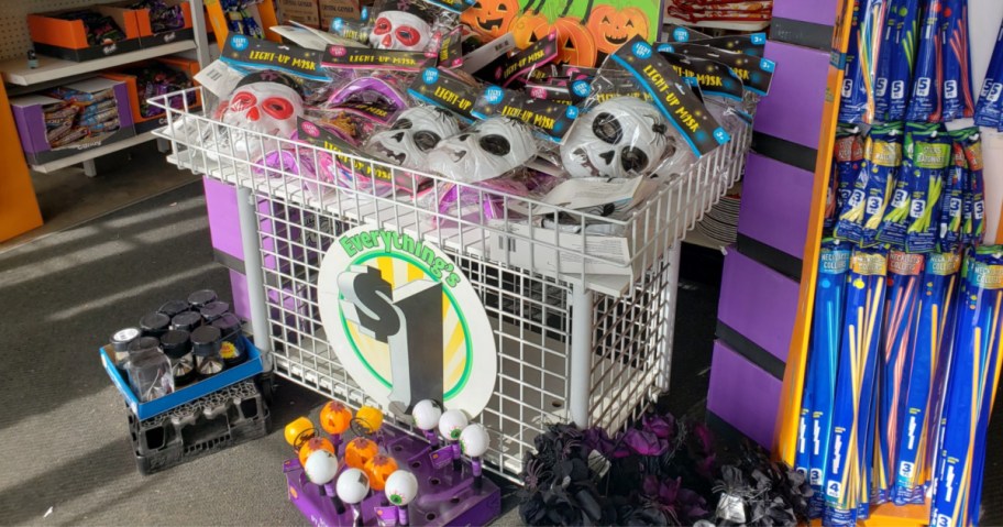 Dollar tree Halloween masks in a bin 