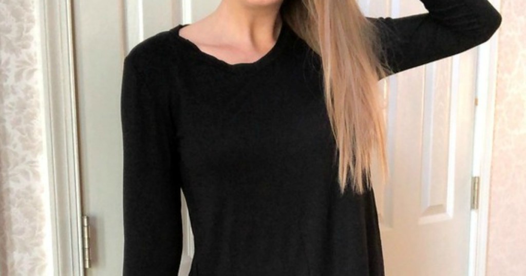 lady wearing a black sweater from Amazon