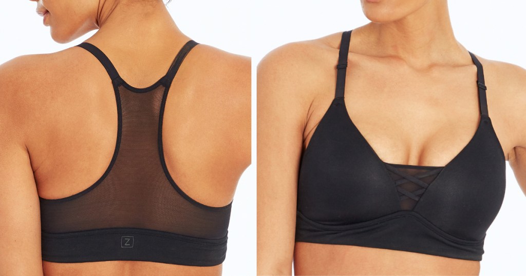 front and back of marika black sports bra