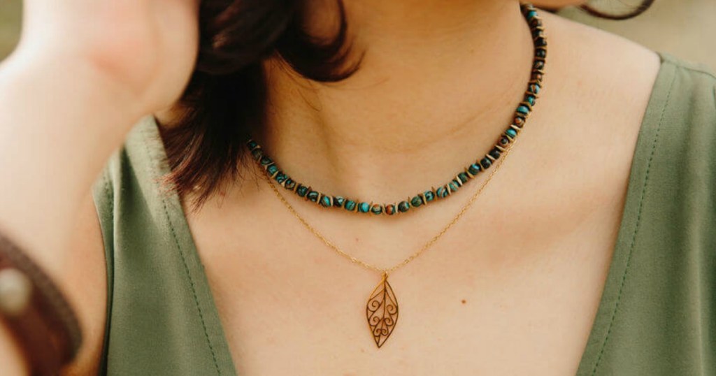 woman wearing a Melody Leaf Necklace