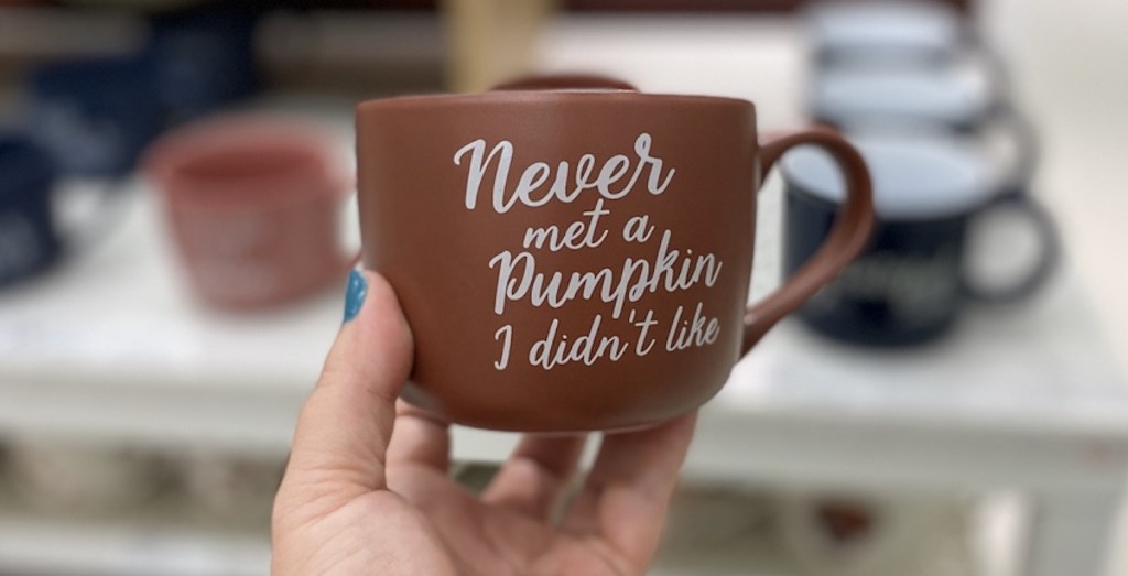hand holding Never Met a Pumpkin Mug