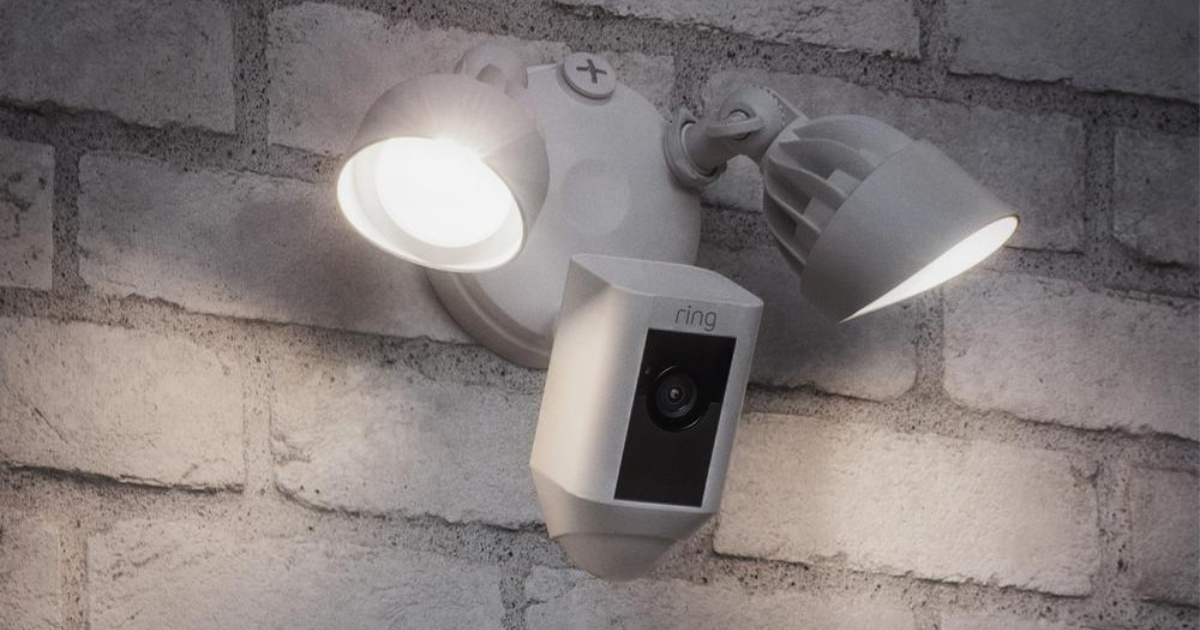 ring wifi camera and floodlight outside on wall