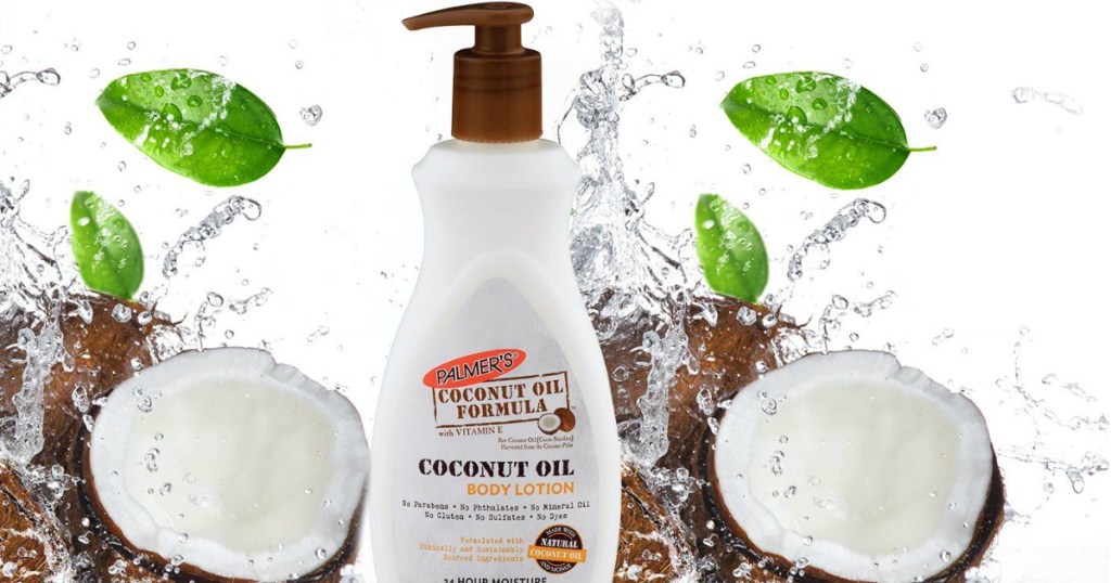 Palmer's Coconut Oil Body Lotion surrounded by coconuts