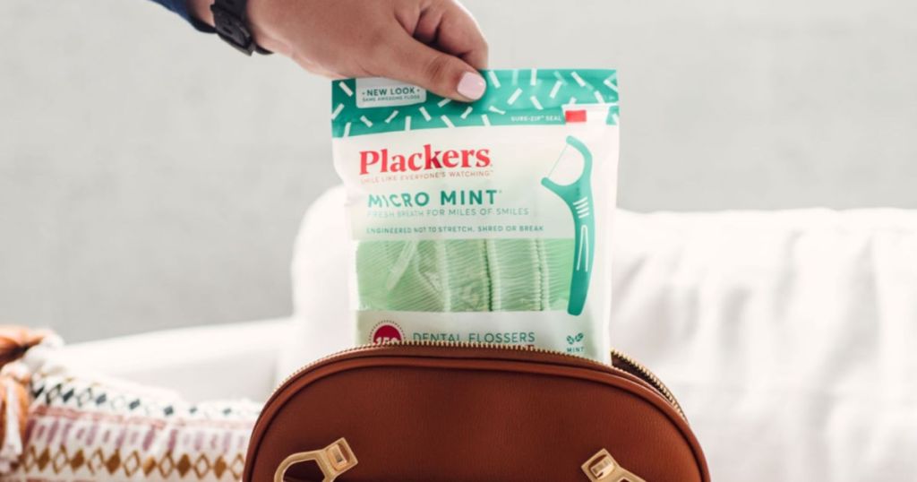 Plackers Micro Mint bag coming out of brown purse