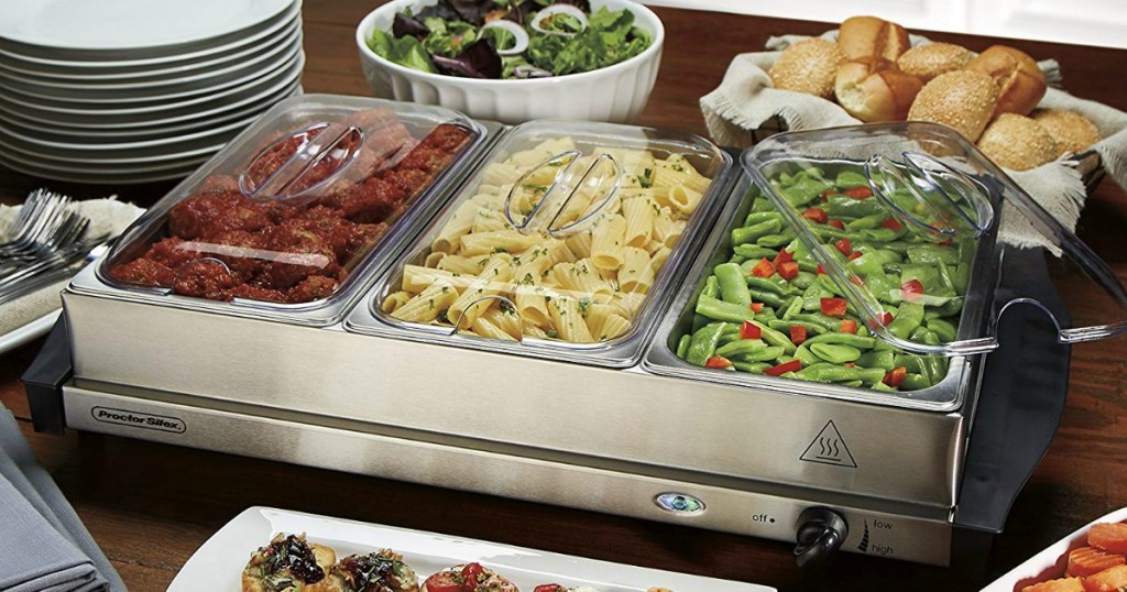buffet serving tray with dishes filled with food