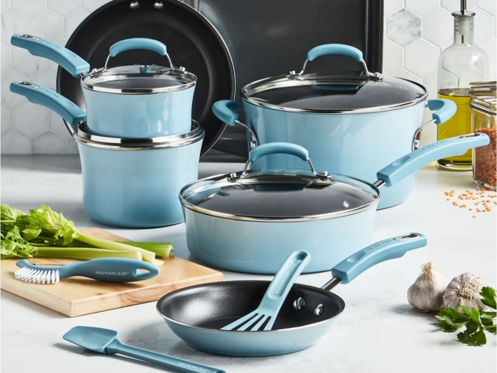 Rachael Ray 14-Piece Nonstick Cookware Set in kitchen blue set