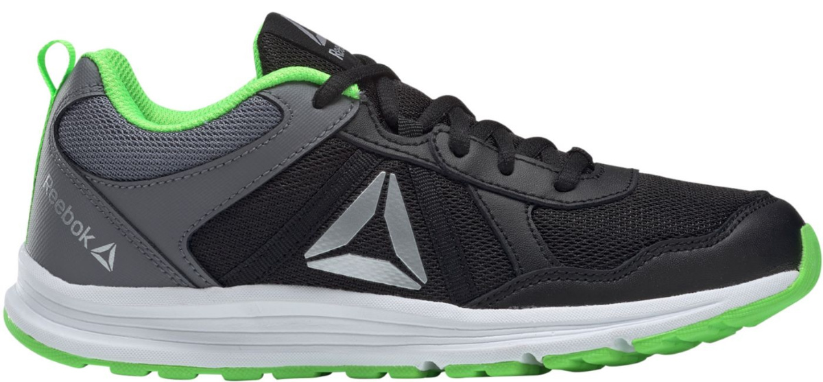 black and gray reebok shoes with white and neon green sole