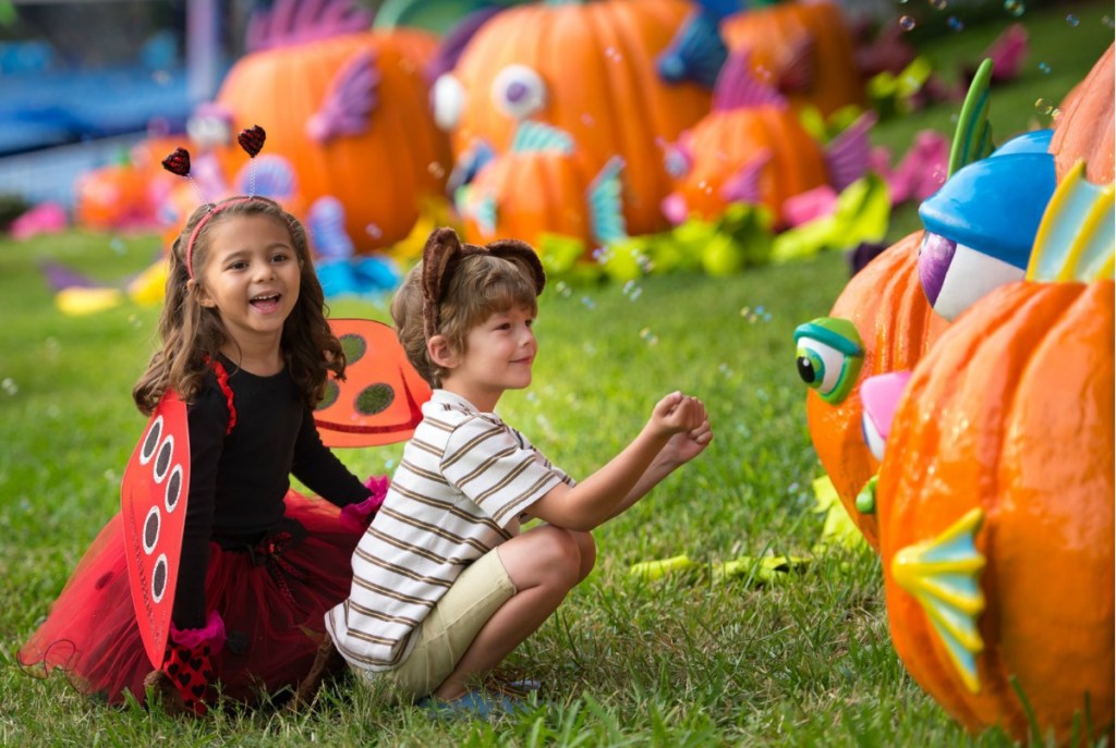 Kids in lawn near SeaWorld decorated pumpkins