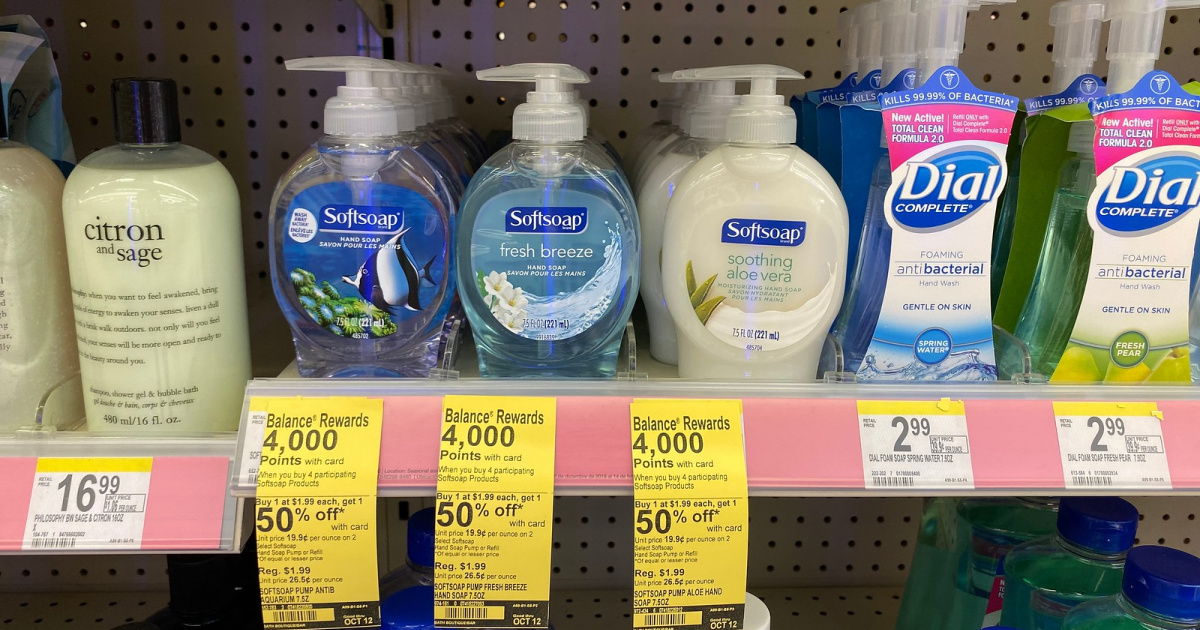 bottles of softsoap on shelf at walgreens