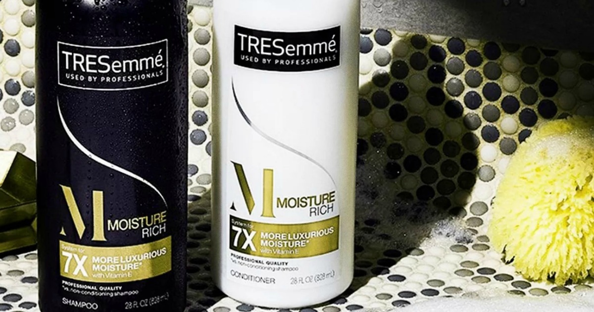 Bottles of TRESemme Conditioner and Shampoo in shower
