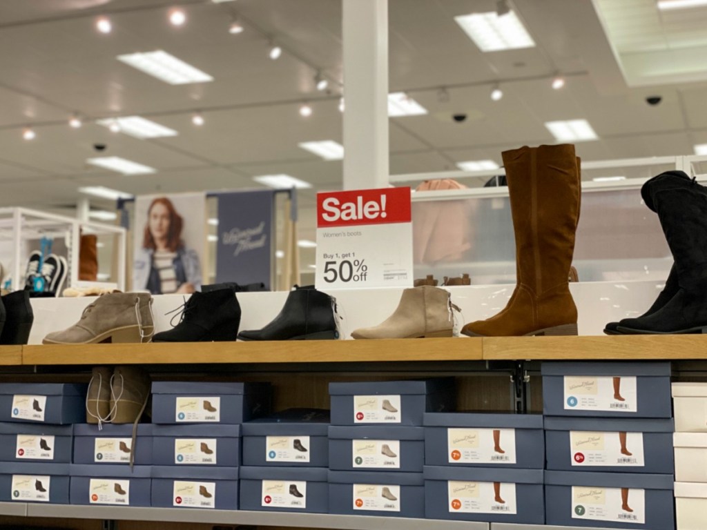 Women's boots on shelf at Target
