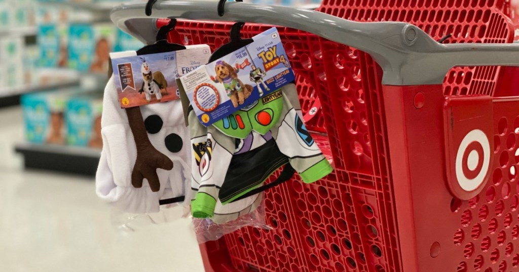 Target Pet Costumes hanging on Cart