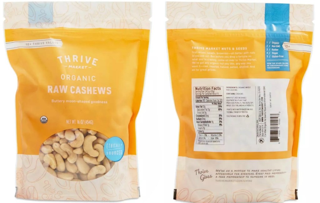 Front and back view on Thrive Cashews