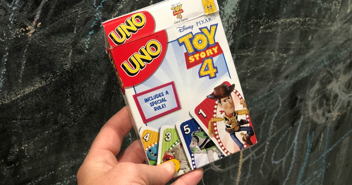 Toy Story 4 Uno Card Game in front of a chalkboard