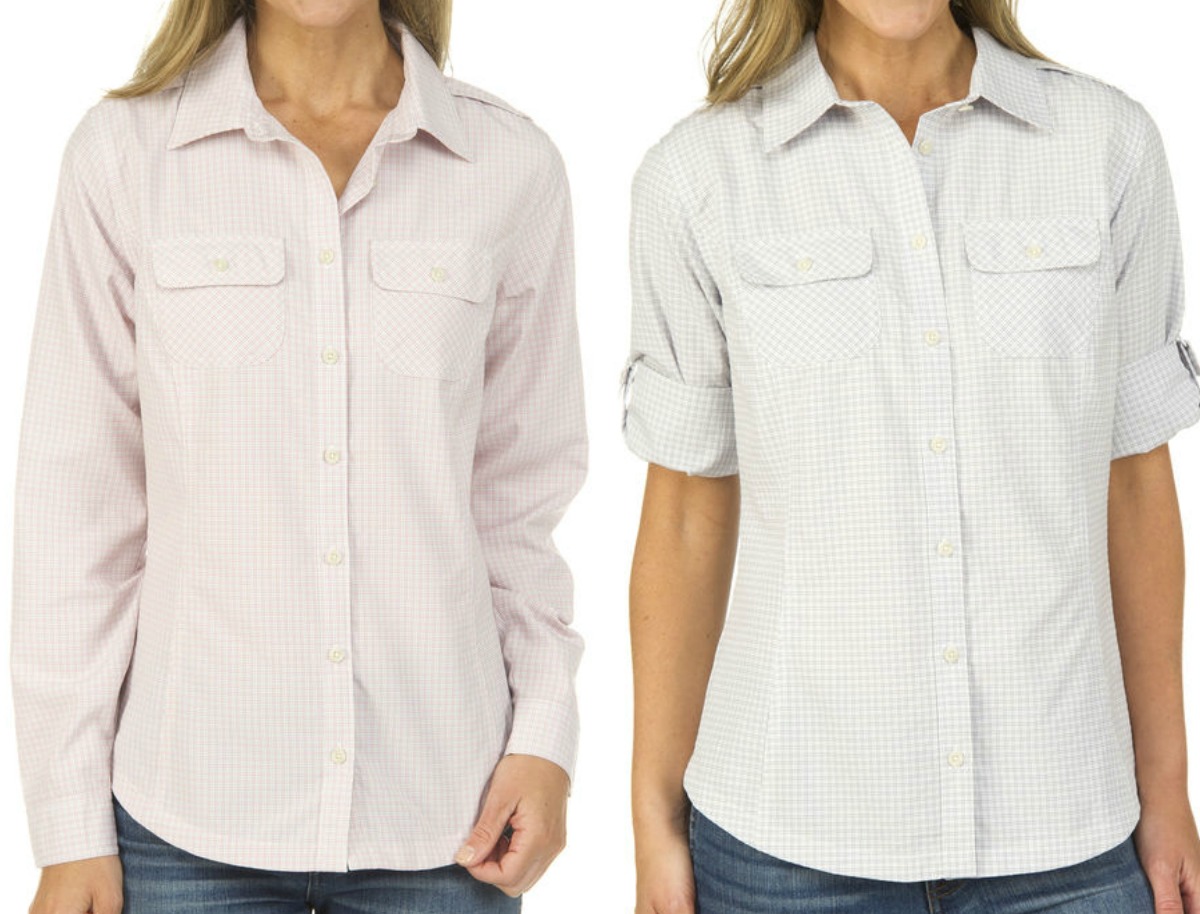 Woman wearing a long sleeve plaid shirt in two different colors