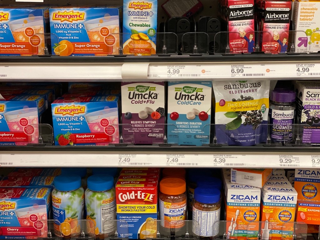 Umcka Flu & care bottles on Target Shelf