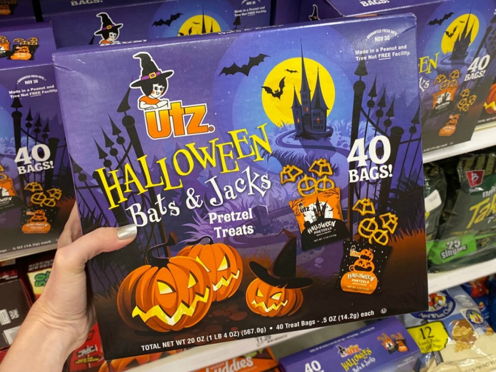 Halloween-themed pretzel snacks in package in store