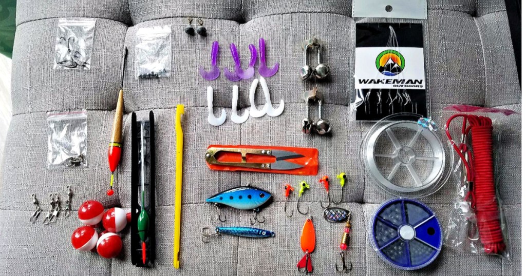 Wakeman Fishing Tackle Box & 55-Piece Tackle Kit contents