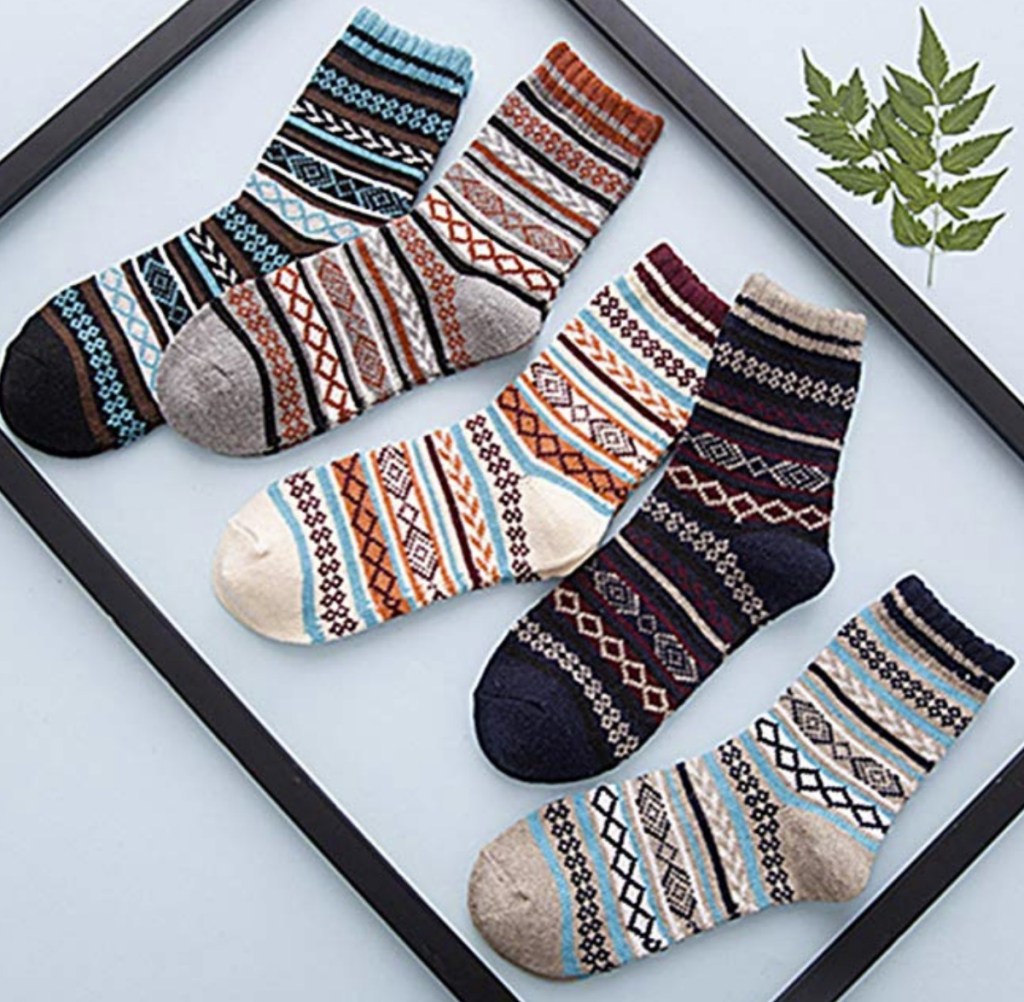 Women's wool socks from Amazon in a variety of prints