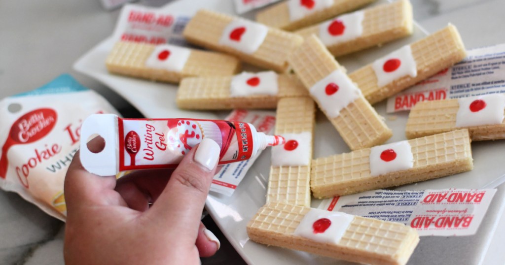 adding red gel to vanilla wafer band aids