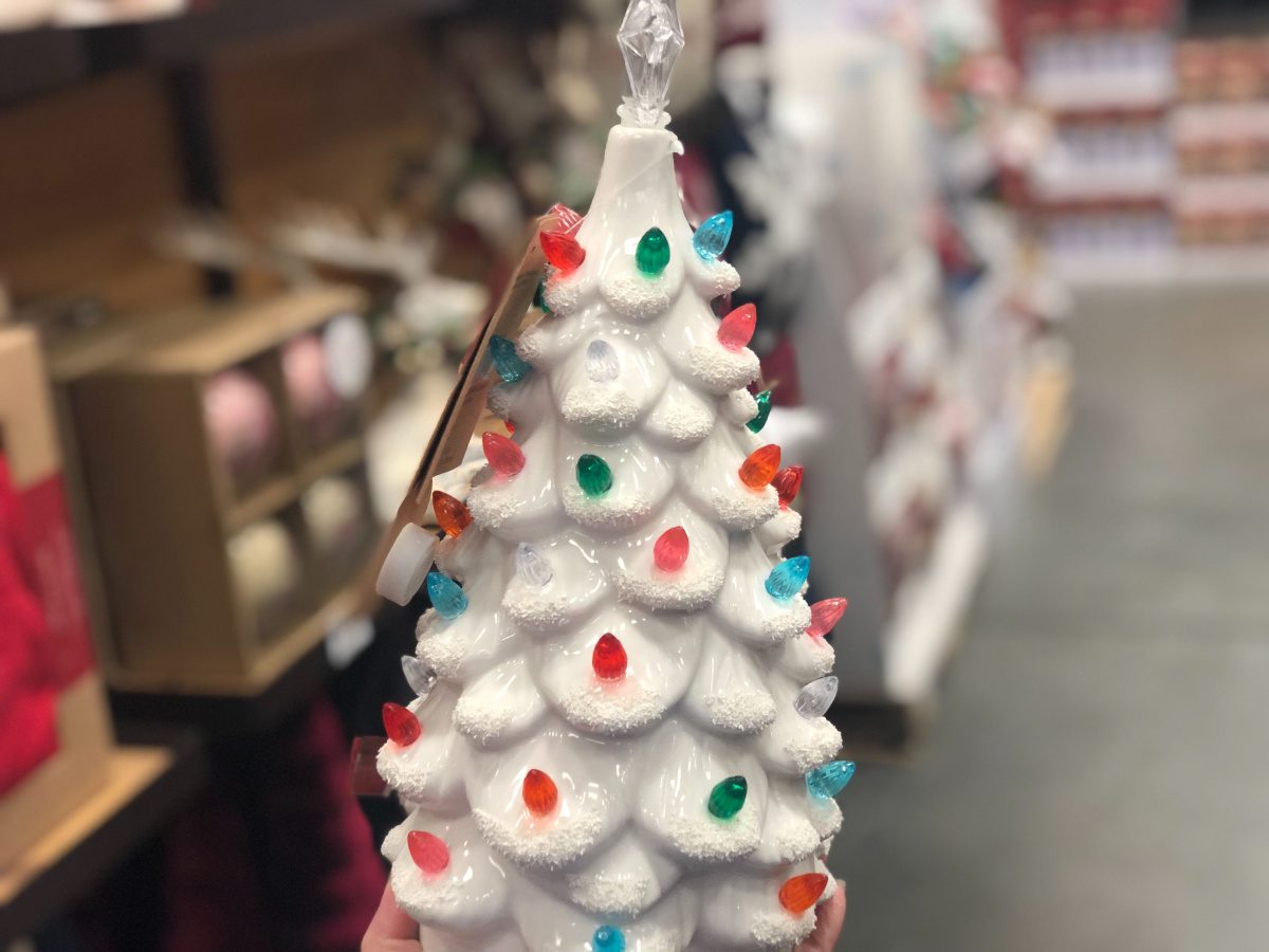 white ceramic tree with lights and blurred background
