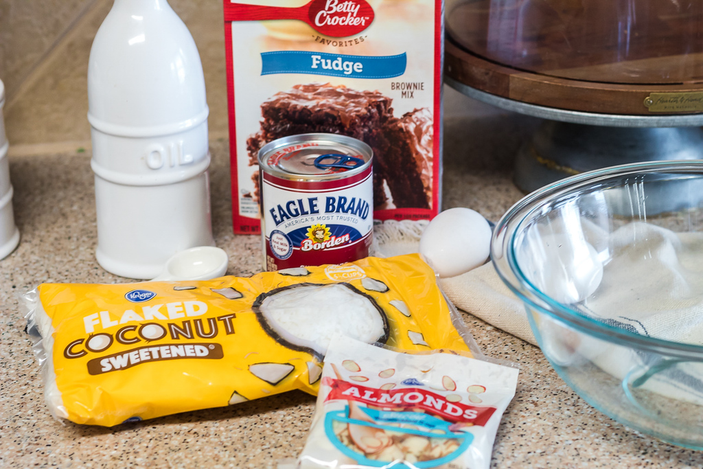 almond joy brownie ingredients on counter