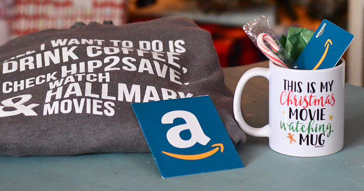 Amazon gift card with Hip2Save hoodie and coffee mug