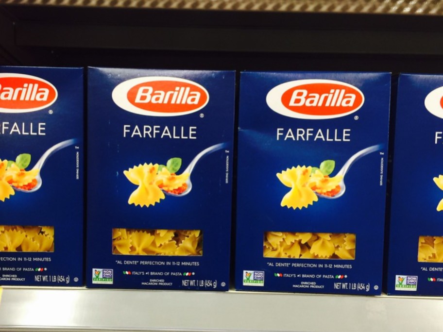 Barilla Farfalle Pasta 16oz boxes on shelf in store