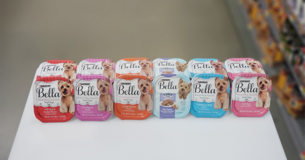 12 bella dog food trays on cutting board in store