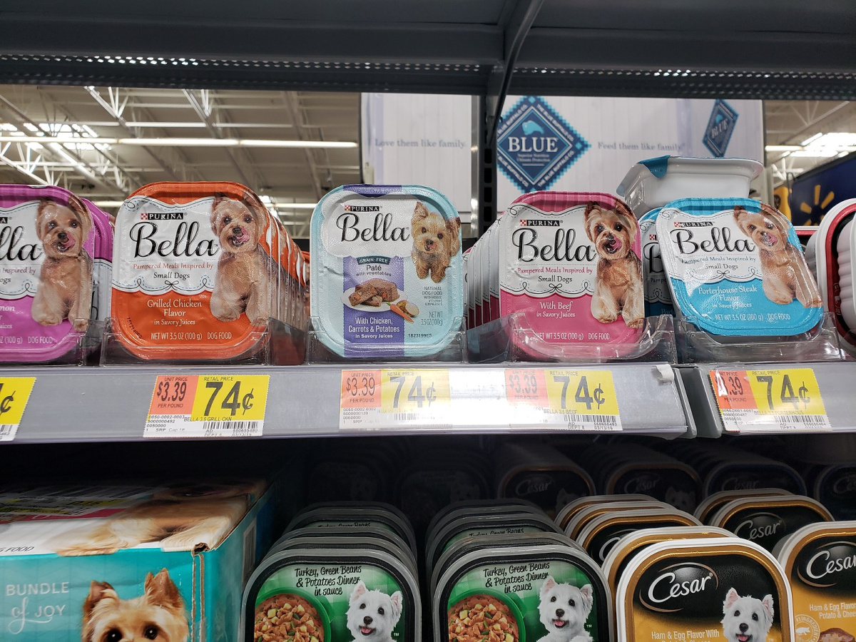 purina bella dog food trays on store shelf
