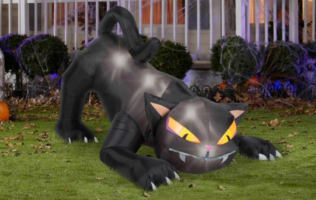 black cat Halloween inflatable in yard