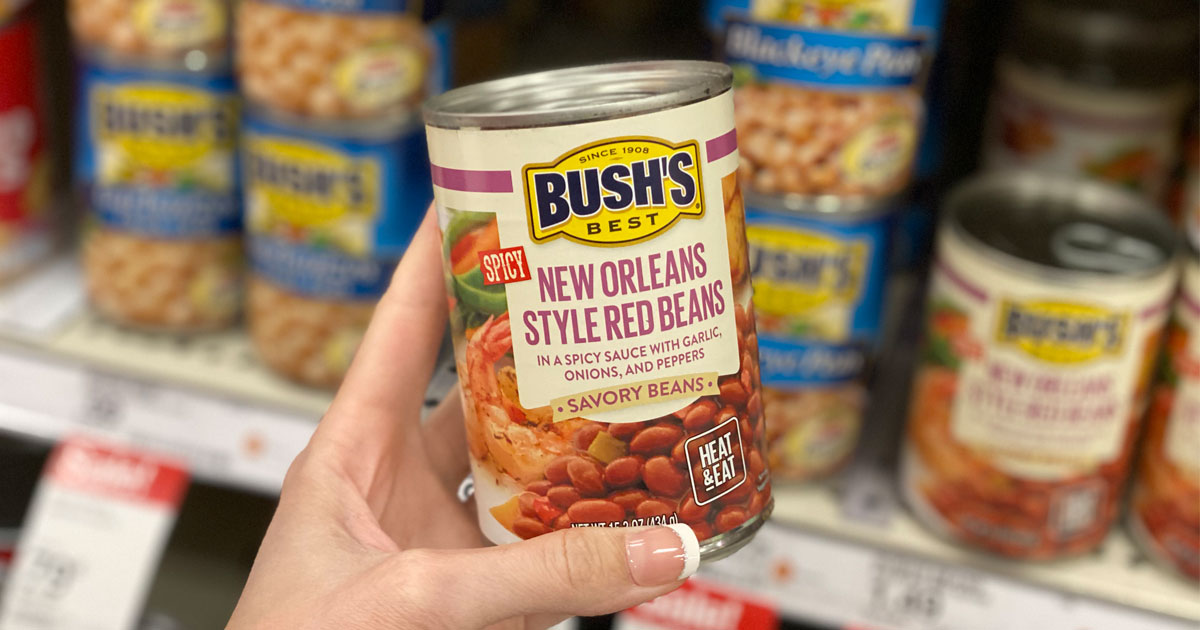 hand holding can of bush's best savory beans at target