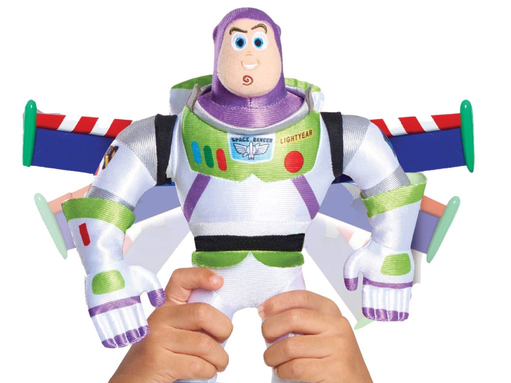 little kids hands holding buzz light year plush toy story 4