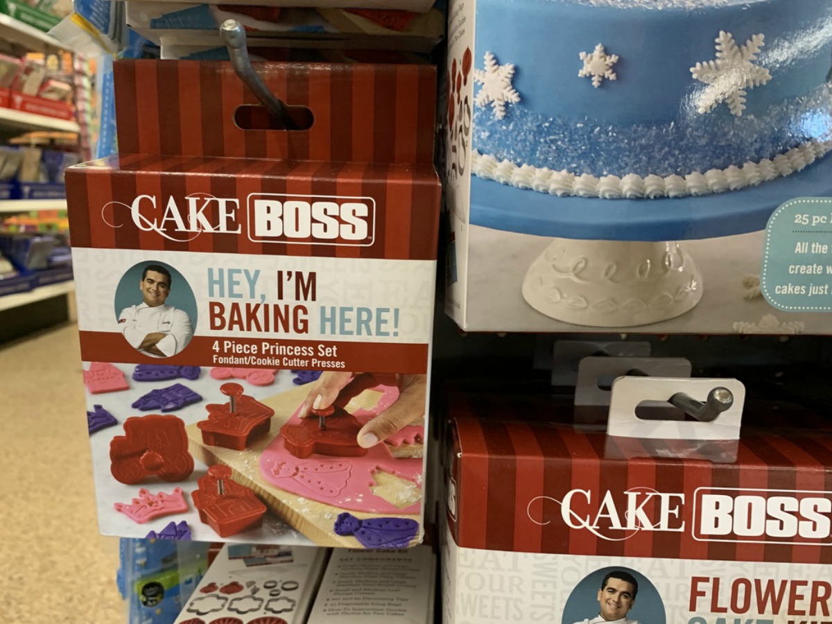 store display with Cake Boss boxes of cake decorating supplies