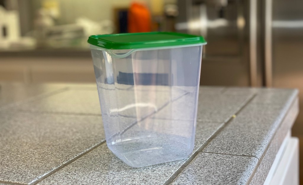 green and clear food container sitting on kitchen counter