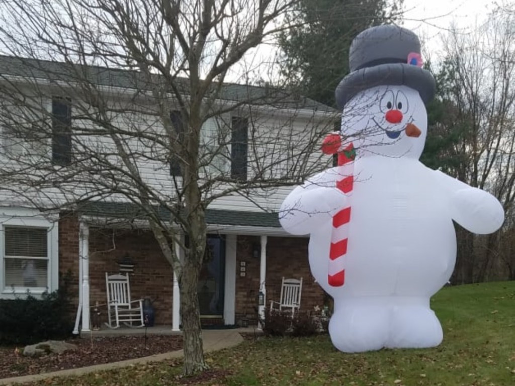 big Frosty the Snowman inflatable outside home
